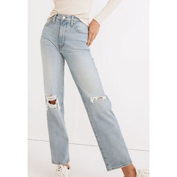 NWT MADEWELL JEANS THE PERFECT VINTAGE STRAIGHT DANBY BLUE WASH KNEE-RIP EDITION - Picture 1 of 14